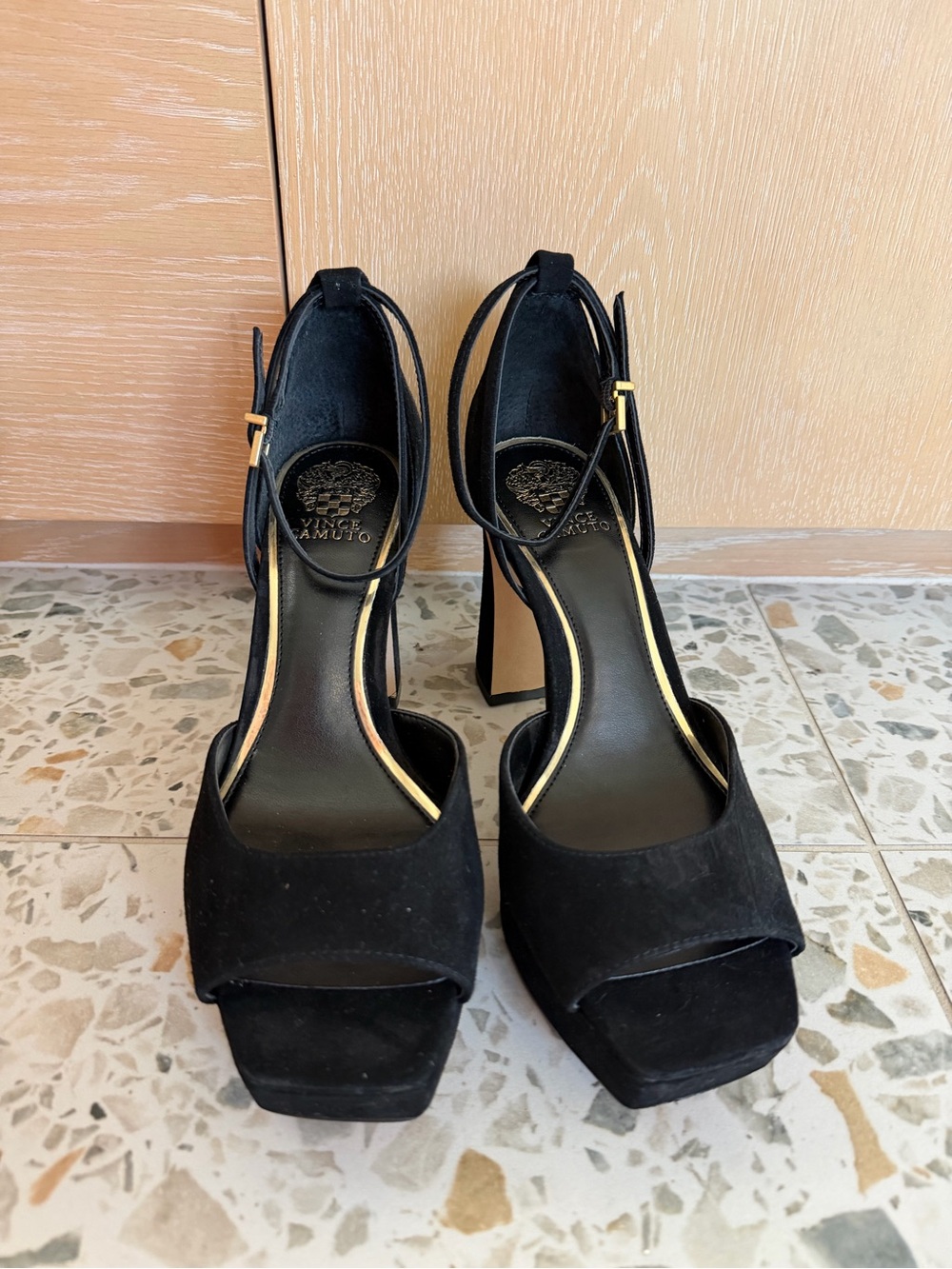 Black Suede High Heel Sandals with Ankle Strap